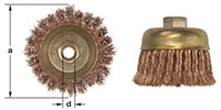 Image shows two views of a knot wire cup brush. The left image presents a frontal view, depicting a bottom view of the diameter and the central hole for attachment. The right view shows a side profile, highlighting the twisted wires and the bronze metal c